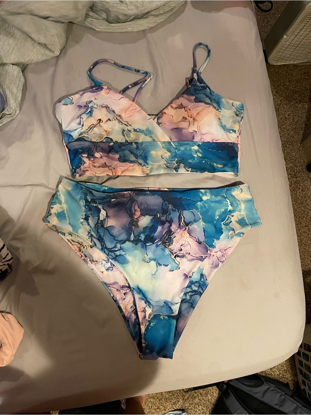 SHEIN Blue Purple Pink Marble Print High Waisted Bikini